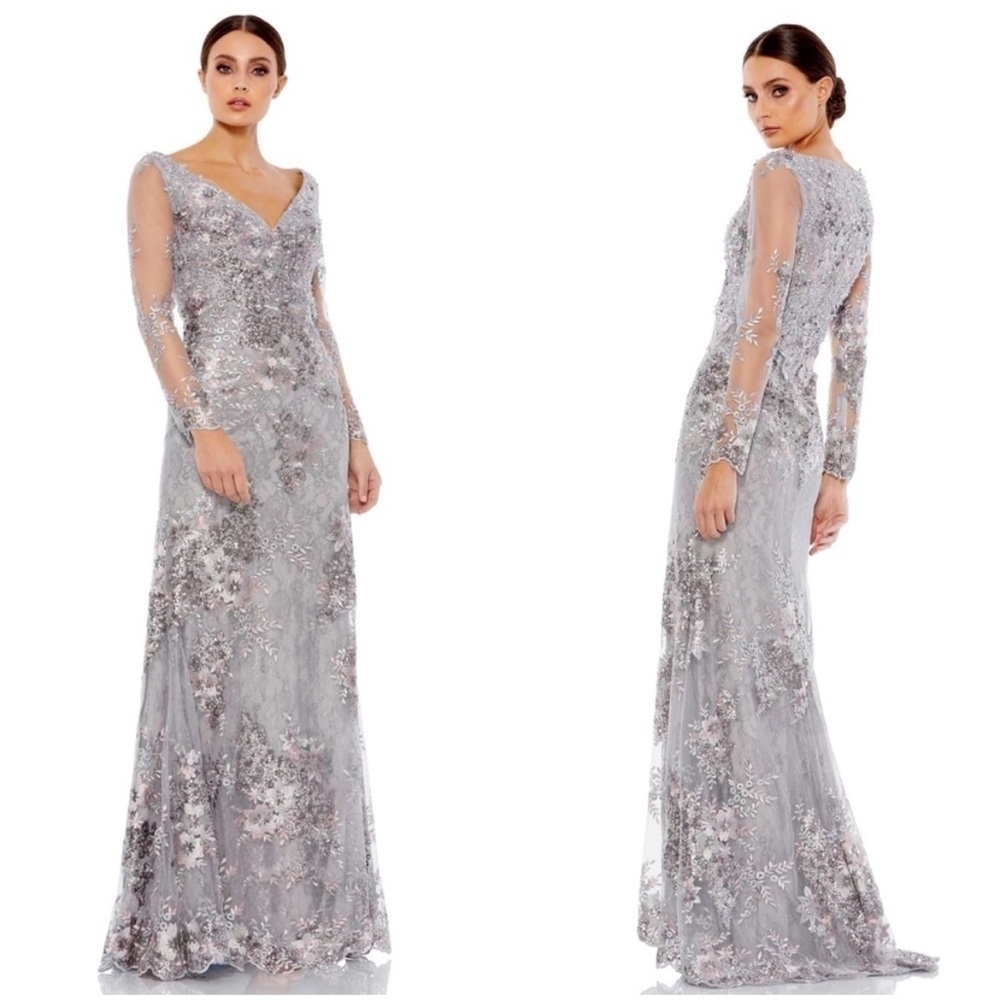 Mac Duggal Embellished V Neck Illusion Long Sleeve Gown